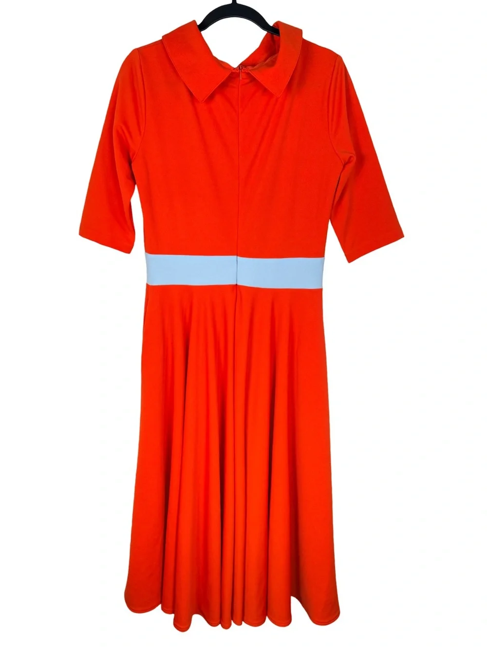 FKSP Bright Orange Midi Fit-and-Flare Dress with Light Blue Waist Accents - Picture 3 of 8